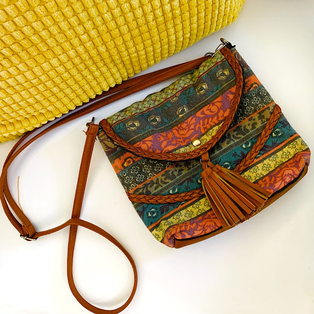 Boho Tribal Crossbody Bag Festival Tassel Repair Upcycle Brown Leather Cottage